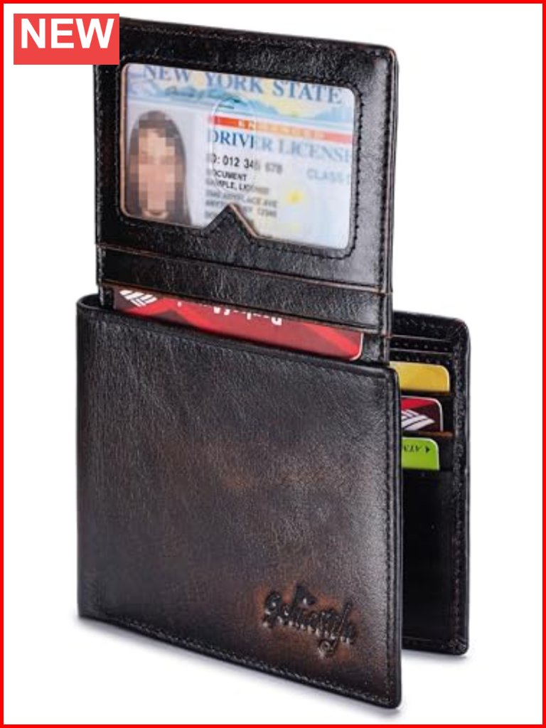 Top Grain Leather Slim Bifold Wallet With Rfid Blocking, 9 Card Slots, 2 Id